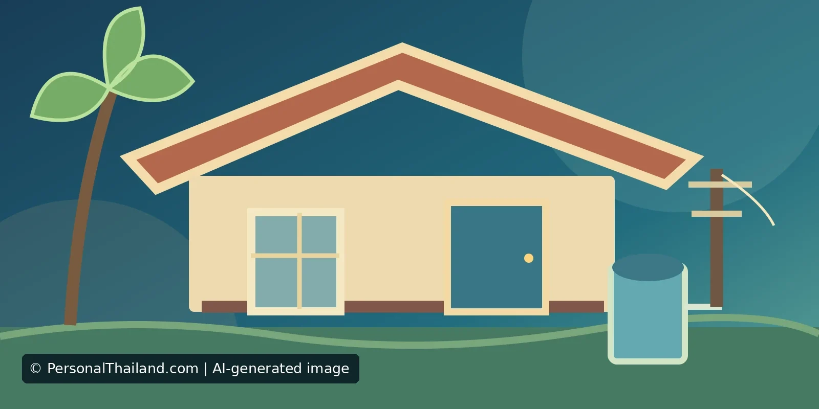 AI-created illustration of a single-storey rural house with a palm tree, an outdoor water tank and an electricity pole, a stylised scene rather than a real Thai village