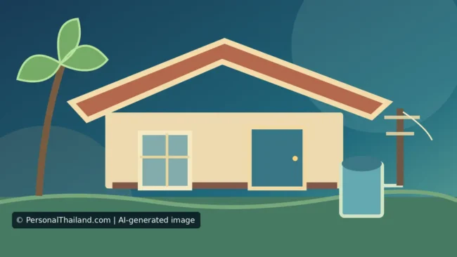 AI-created illustration of a single-storey rural house with a palm tree, an outdoor water tank and an electricity pole, a stylised scene rather than a real Thai village