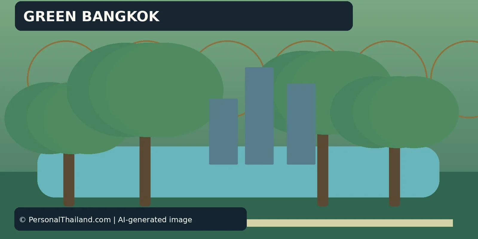 Green Bangkok: Parks, Shaded Walks and Urban Nature (illustration) AI-created illustration of trees around a pond with city towers behind, under the heading 'Green Bangkok'