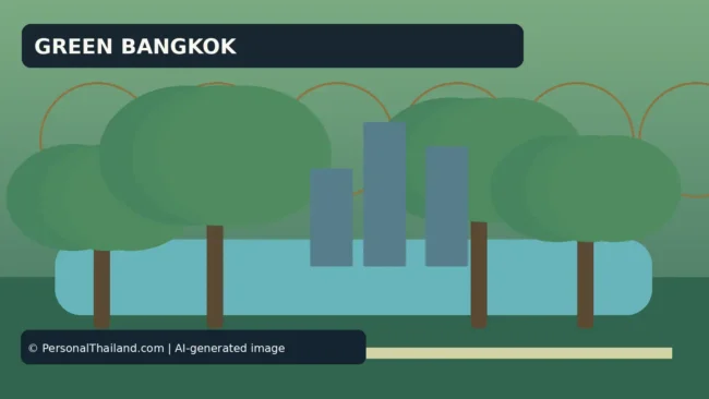 AI-created illustration of trees around a pond with city towers behind, under the heading 'Green Bangkok'