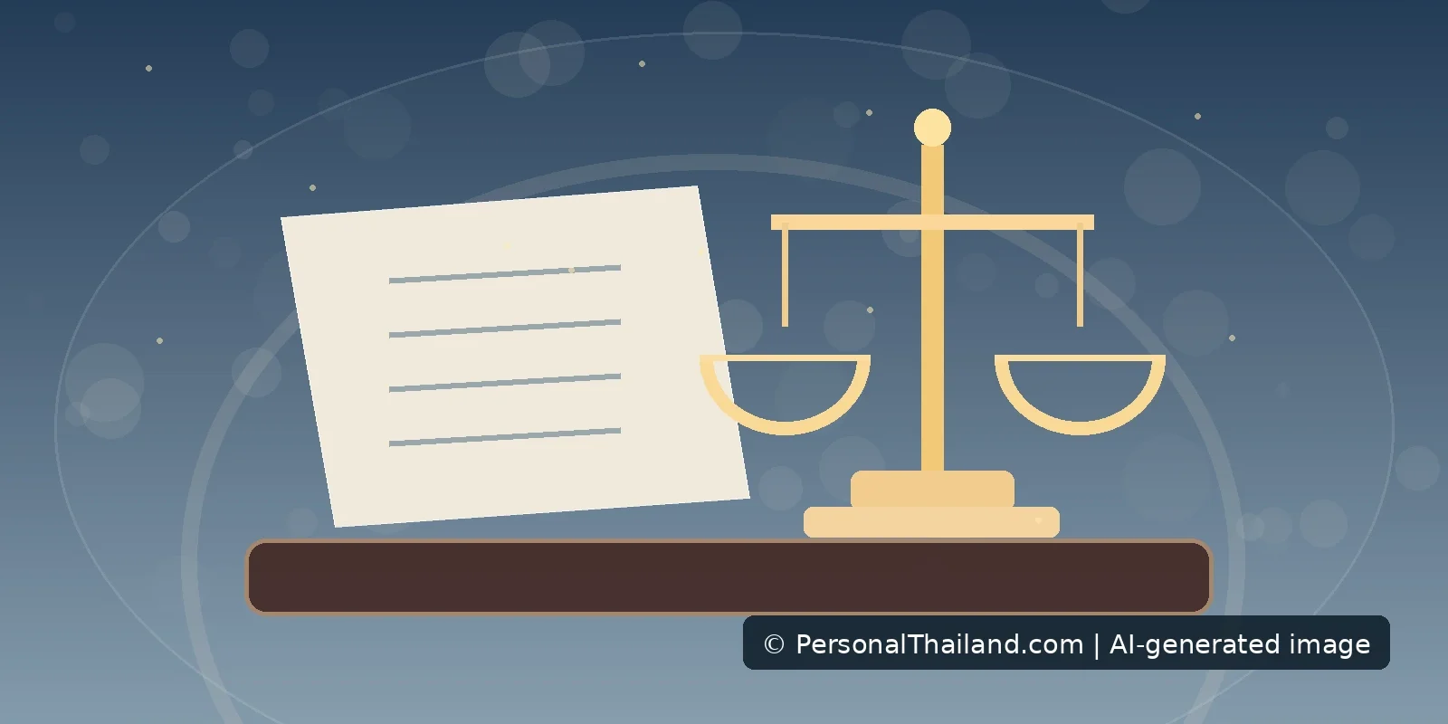 How to Find a Lawyer in Thailand Before You Need One (illustration) AI-created conceptual illustration of a legal document and a brass balance scale on a desk, not a real law firm or court