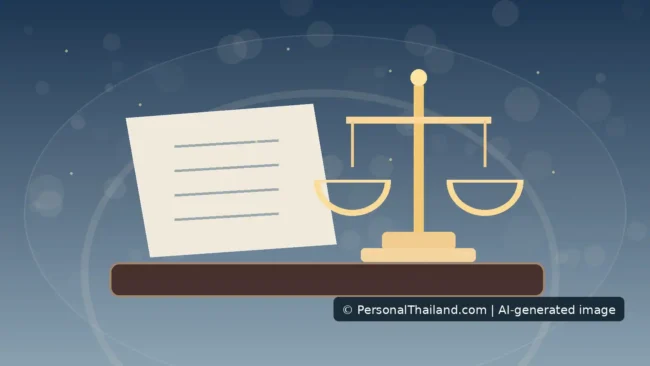 How to Find a Lawyer in Thailand Before You Need One (illustration) AI-created conceptual illustration of a legal document and a brass balance scale on a desk, not a real law firm or court