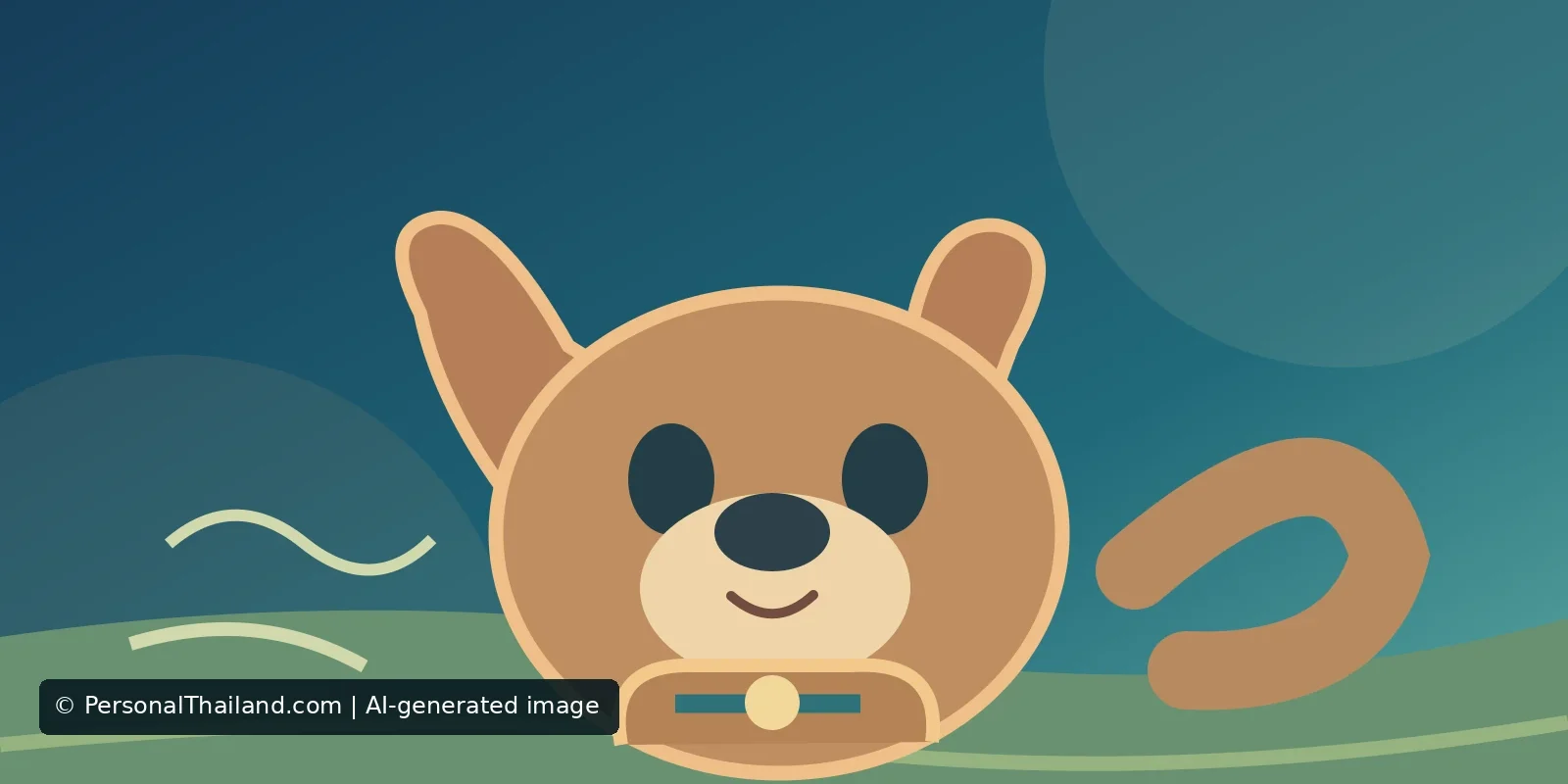 AI-created cartoon illustration of a friendly brown dog wearing a collar, a stylised drawing rather than a photograph of a real rescue dog