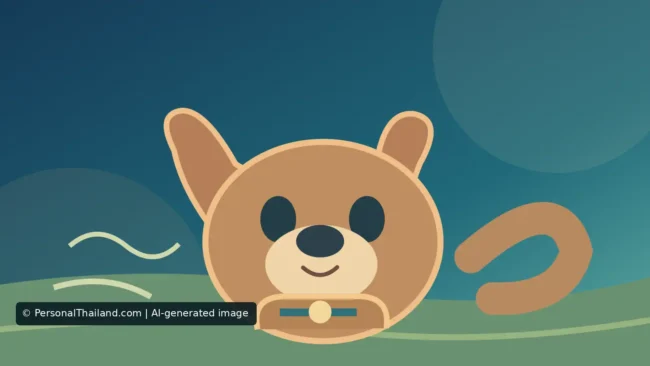 Dog Adoption in Thailand: Responsible Rehoming and Large Dogs (illustration) AI-created cartoon illustration of a friendly brown dog wearing a collar, a stylised drawing rather than a photograph of a real rescue dog