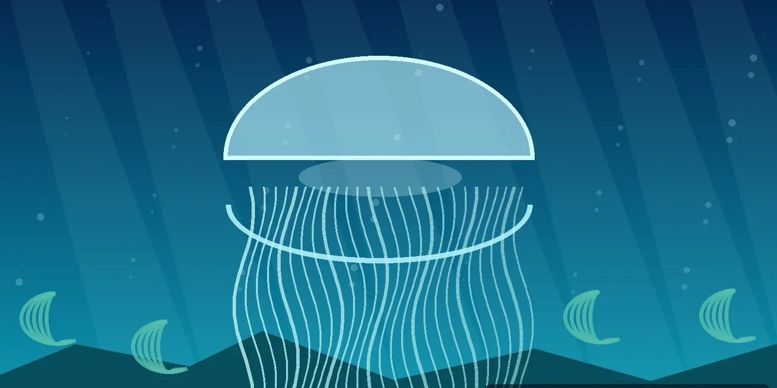 Stylized underwater depiction of a translucent box jellyfish with tentacles in tropical Thai coastal waters.