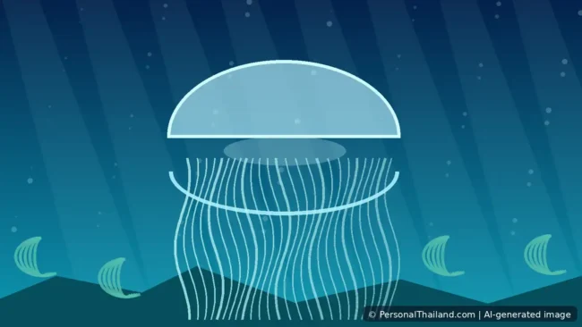 Box Jellyfish in Thailand: Beach Safety and First Aid (illustration) Stylized underwater depiction of a translucent box jellyfish with tentacles in tropical Thai coastal waters.