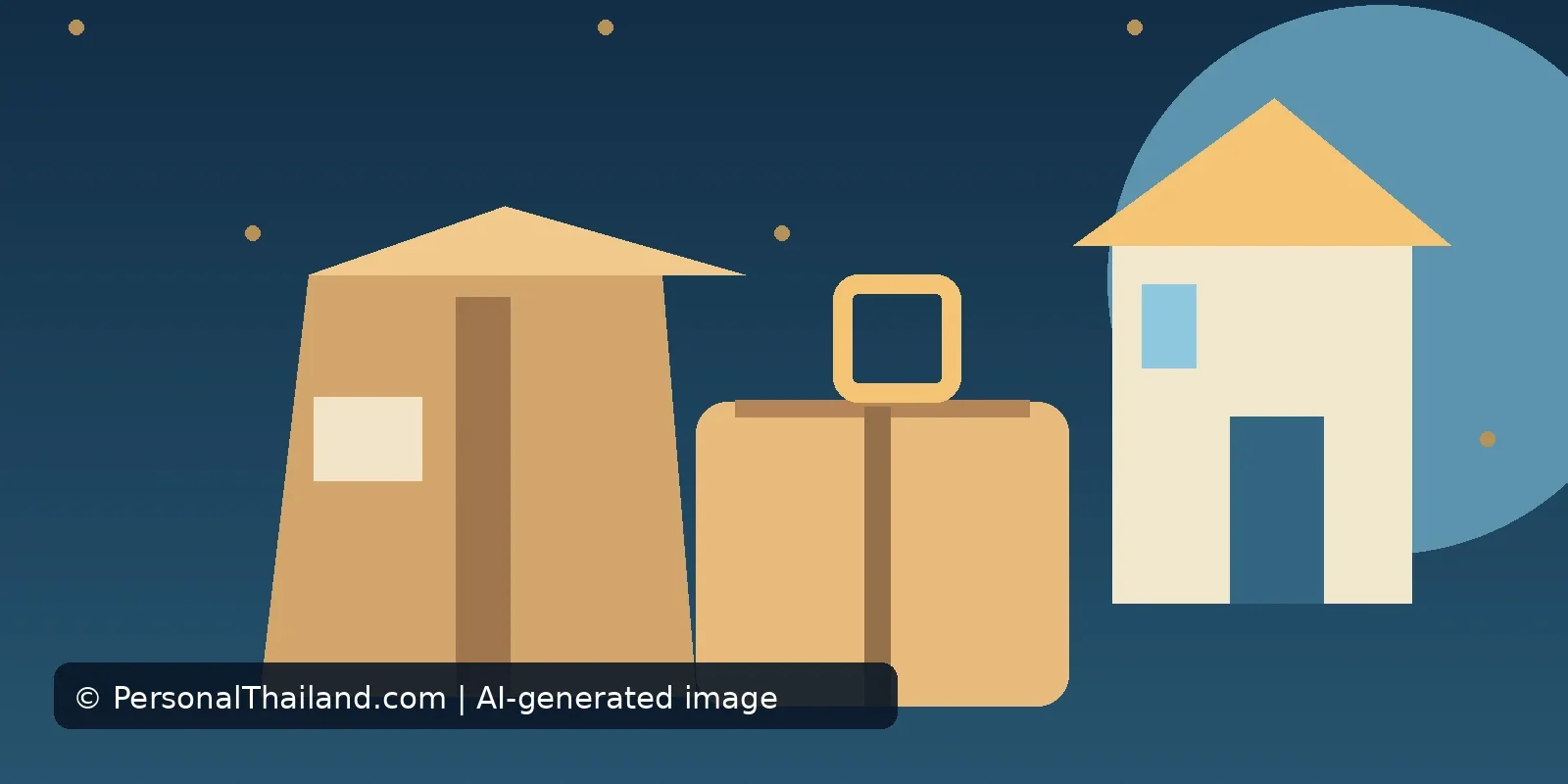 Moving Household Goods to Thailand: Customs Rules and Packing Tips (illustration) AI-created illustration of a taped moving box and a packed suitcase beside a small house on a dark blue background