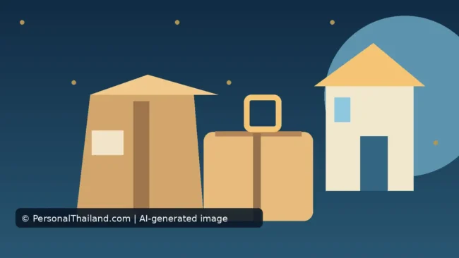 Moving Household Goods to Thailand: Customs Rules and Packing Tips (illustration) AI-created illustration of a taped moving box and a packed suitcase beside a small house on a dark blue background