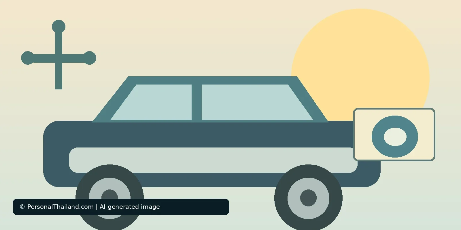 AI-created illustration of a car with a wrench symbol above it and a replacement part shown on a label beside it