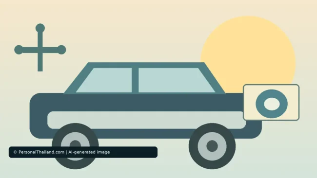 Buying Imported Car Parts in Thailand: A Practical Checklist (illustration) AI-created illustration of a car with a wrench symbol above it and a replacement part shown on a label beside it