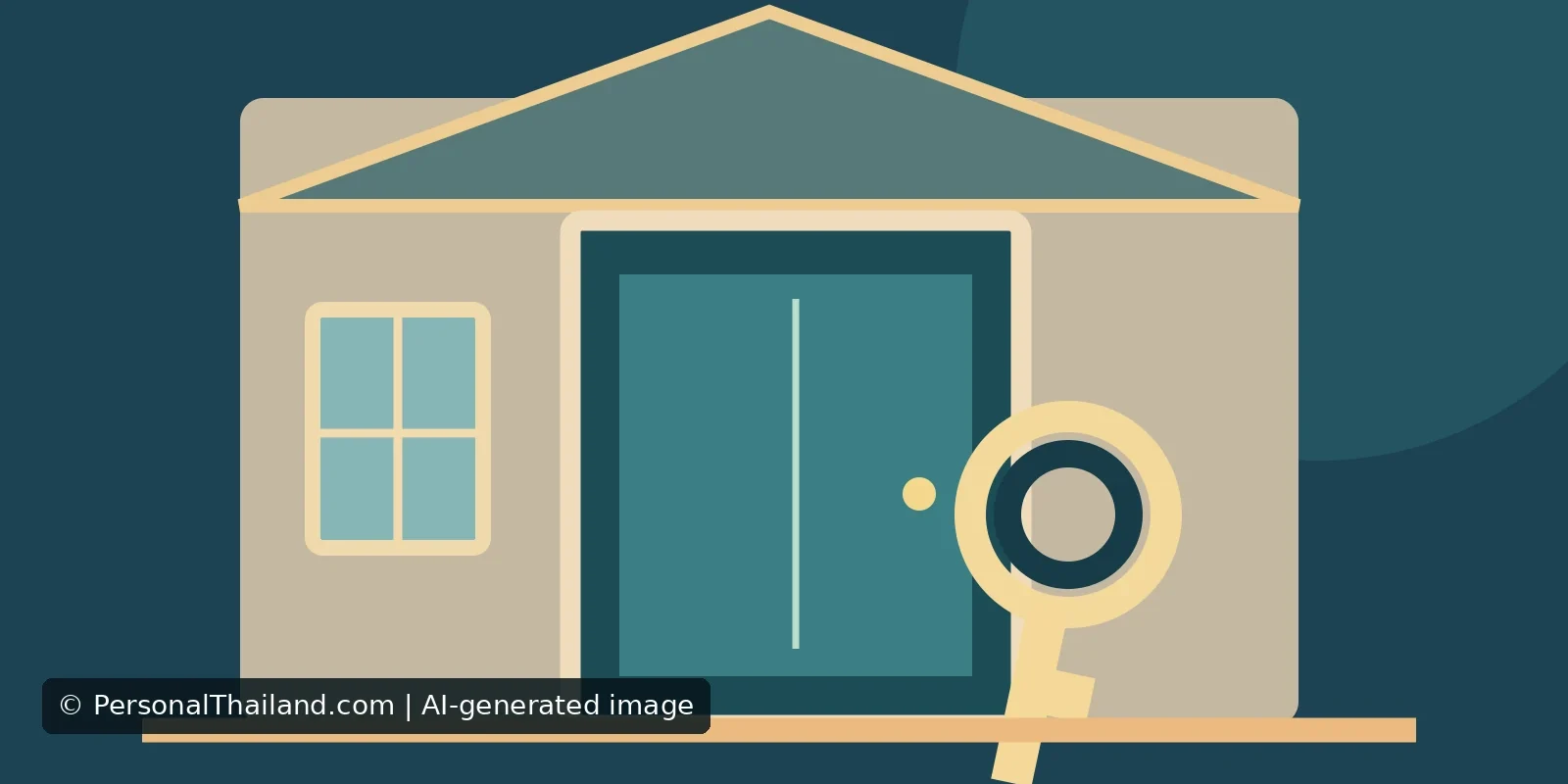 Can a Landlord Enter Your Rented Room in Thailand? (illustration) AI-created illustration of the closed front door of a small house with a large magnifying glass beside it, symbolising property inspection rather than a real rental