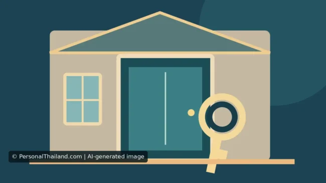 Can a Landlord Enter Your Rented Room in Thailand? (illustration) AI-created illustration of the closed front door of a small house with a large magnifying glass beside it, symbolising property inspection rather than a real rental