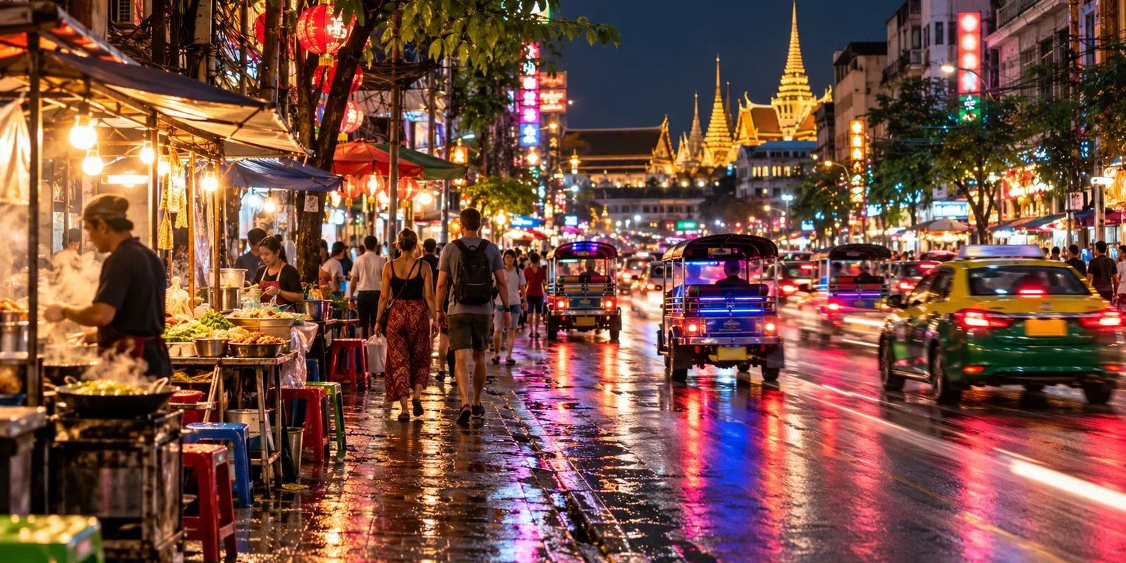 Busy, well-lit Bangkok street after dark