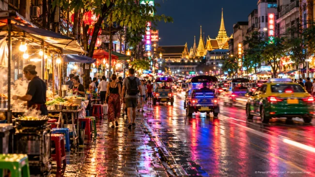 Bangkok street at night (illustration) Busy, well-lit Bangkok street after dark