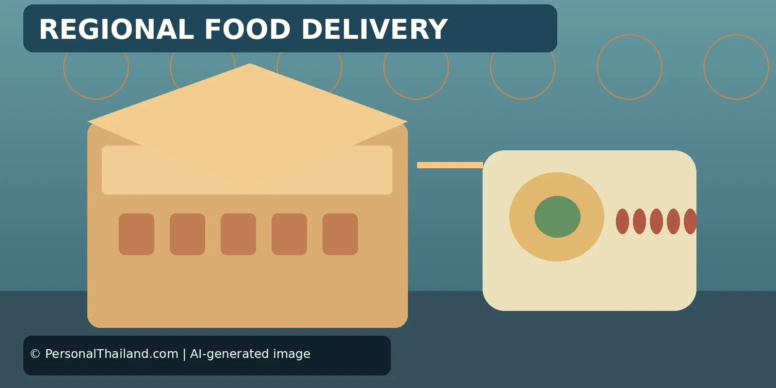 Sending Thai Regional Food by Post: What to Check Before Ordering (illustration) AI-created illustration of an open parcel box next to a shipping label, under the heading 'Regional Food Delivery'