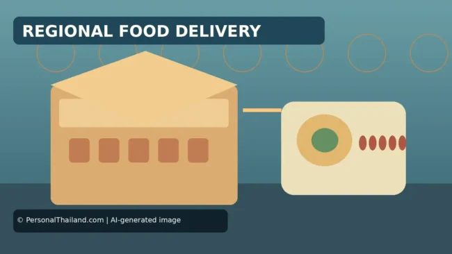 Sending Thai Regional Food by Post: What to Check Before Ordering (illustration) AI-created illustration of an open parcel box next to a shipping label, under the heading 'Regional Food Delivery'