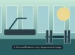 AI-created illustration of a treadmill and a barbell rack in a bright gym with tall windows