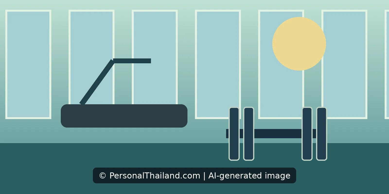 AI-created illustration of a treadmill and a barbell rack in a bright gym with tall windows