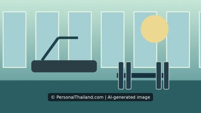 AI-created illustration of a treadmill and a barbell rack in a bright gym with tall windows