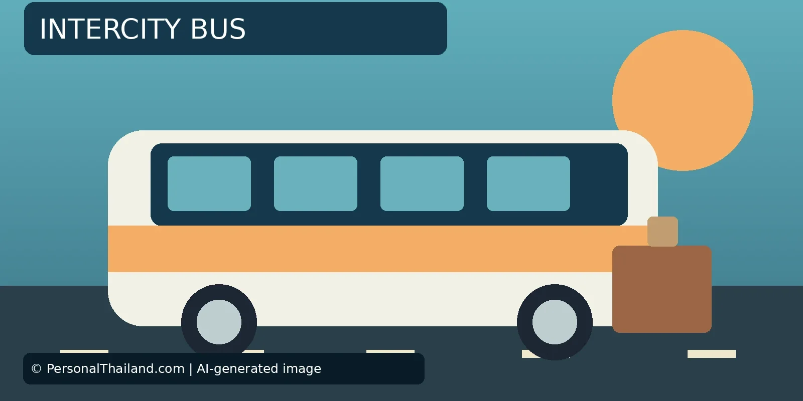 Private Buses in Thailand: Booking, Safety and Passenger Rights (illustration) AI-created illustration of a white and orange coach on a road with a suitcase beside it, under the heading 'Intercity Bus'