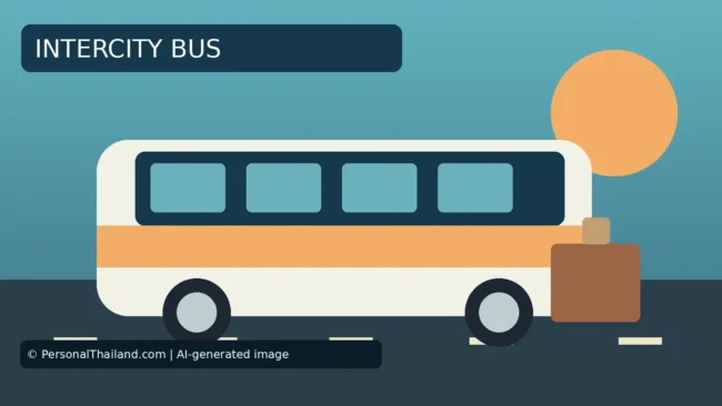 AI-created illustration of a white and orange coach on a road with a suitcase beside it, under the heading 'Intercity Bus'