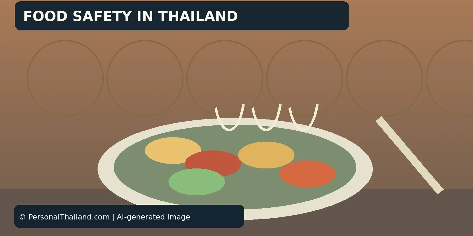 AI-created illustration of a steaming plate of food with chopsticks beside it, under the heading 'Food Safety in Thailand'