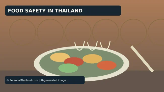 AI-created illustration of a steaming plate of food with chopsticks beside it, under the heading 'Food Safety in Thailand'