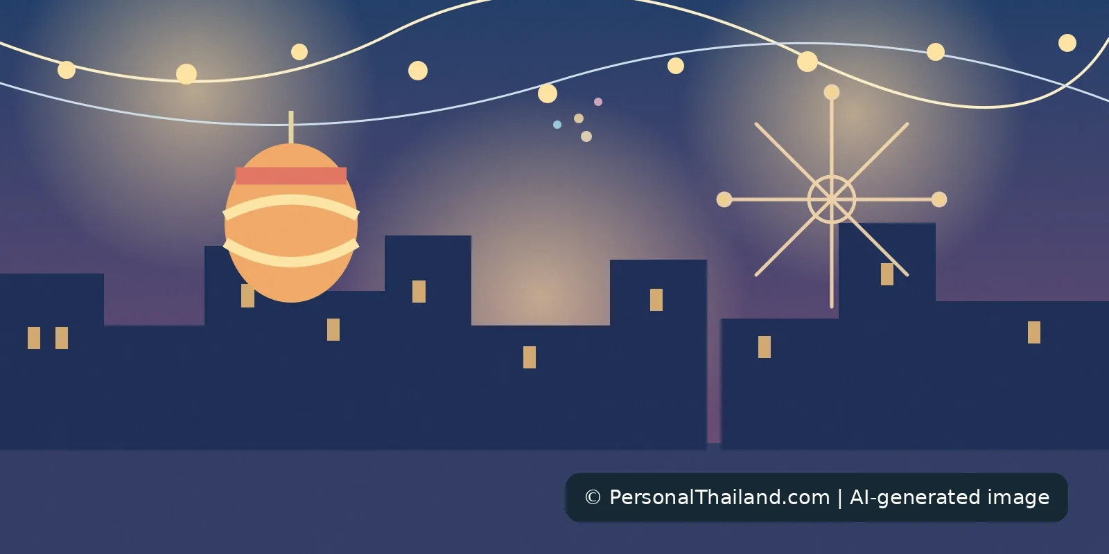 Original AI-created illustration of festive lights and seasonal decorations in a Thailand-inspired urban setting; does not show any specific event or year
