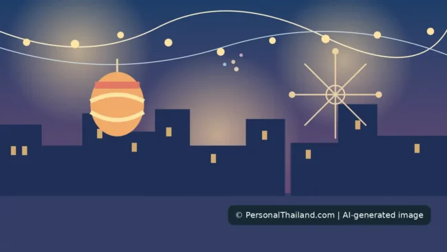 Original AI-created illustration of festive lights and seasonal decorations in a Thailand-inspired urban setting; does not show any specific event or year