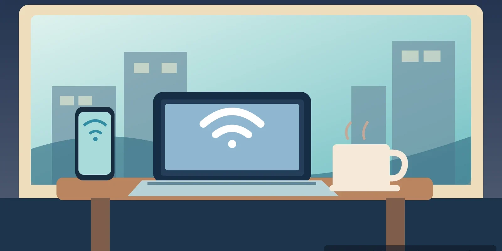 Editorial illustration of a laptop and smartphone connected to Wi-Fi in a Bangkok cafe