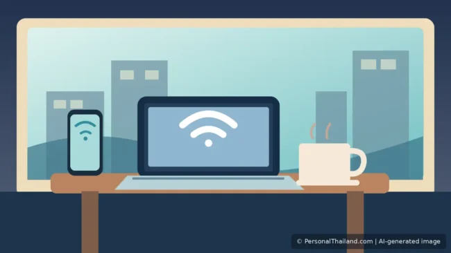 Free Wi-Fi in Bangkok: Where to Connect and How to Stay Secure (illustration) Editorial illustration of a laptop and smartphone connected to Wi-Fi in a Bangkok cafe