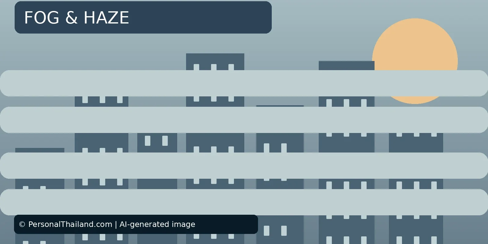 Fog and Haze in Bangkok: Visibility, Air Quality and Flight Delays (illustration) AI-created illustration of city buildings partly hidden behind horizontal bands of fog, under the heading 'Fog & Haze'