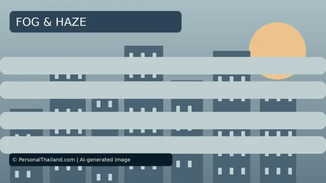 AI-created illustration of city buildings partly hidden behind horizontal bands of fog, under the heading 'Fog & Haze'