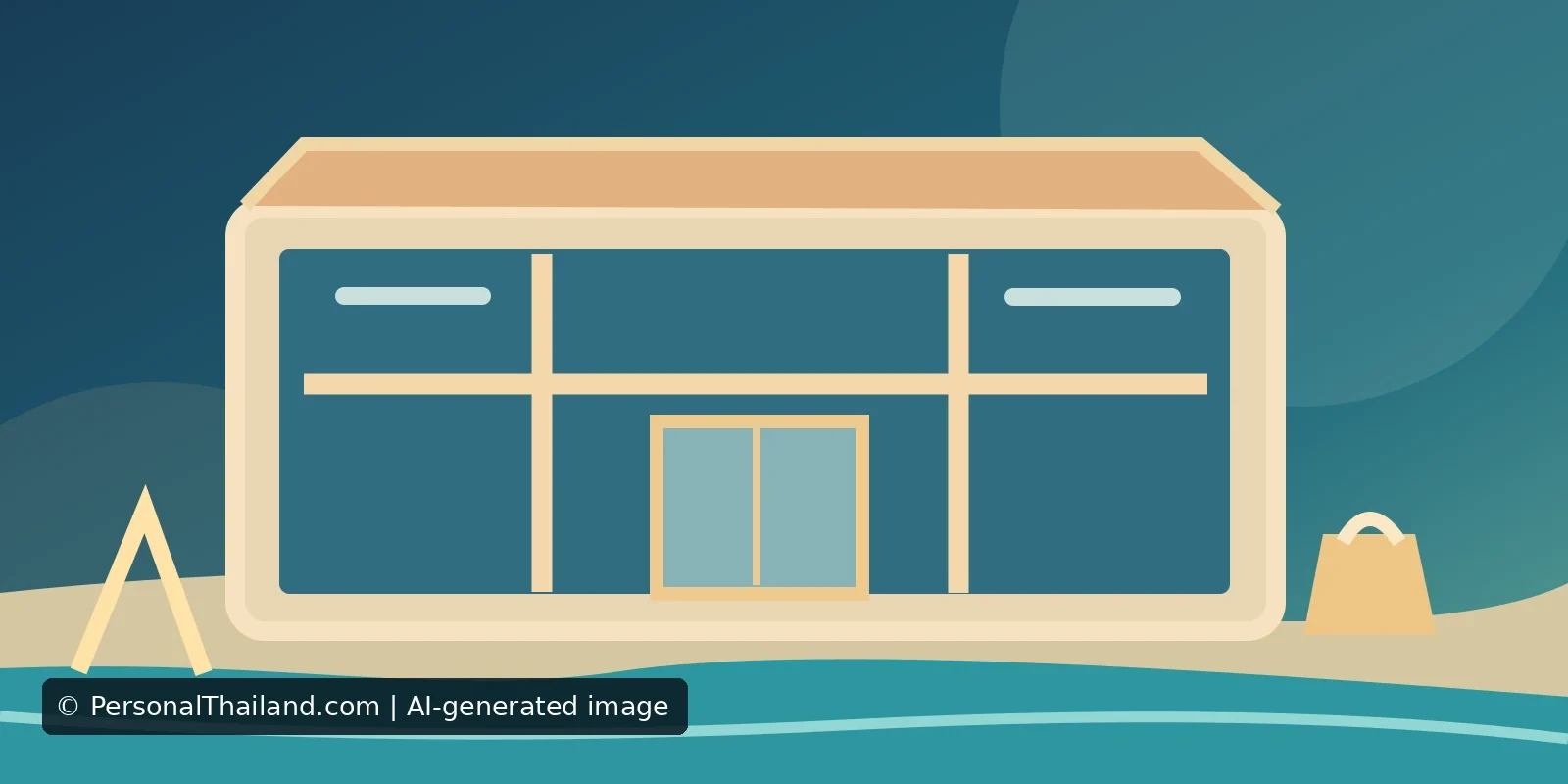 AI-created illustration of a glass-fronted shopping building beside a beach and sea with a shopping bag in the foreground, not a depiction of the actual Central Pattaya building
