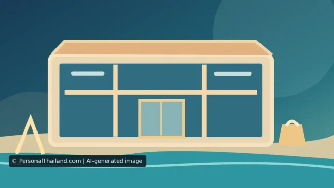 Central Pattaya Shopping Mall: Beachfront Shops, Food and Tips (illustration) AI-created illustration of a glass-fronted shopping building beside a beach and sea with a shopping bag in the foreground, not a depiction of the actual Central Pattaya building