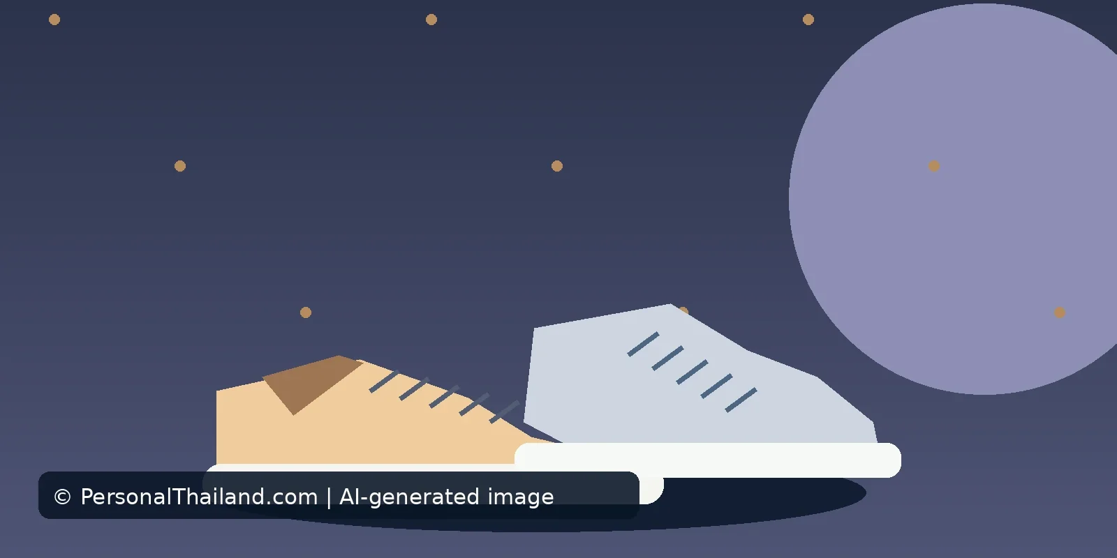 AI-created illustration of a pair of casual sneakers, one beige and one grey, on a dark purple background