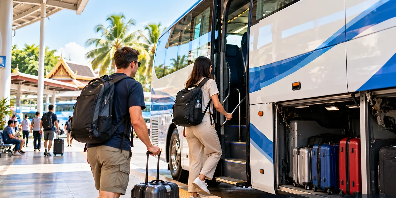 Bus Travel Safety in Thailand: Protect Your Luggage and Valuables (illustration) Travelers boarding a bus in Thailand with suitcases in the luggage compartment, AI-generated illustration