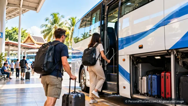 Travelers boarding a bus in Thailand with suitcases in the luggage compartment, AI-generated illustration