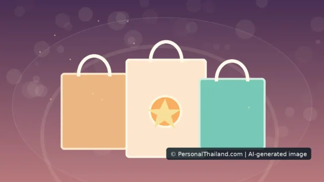 AI-created colourful illustration of three shopping bags, not a specific real Thai store