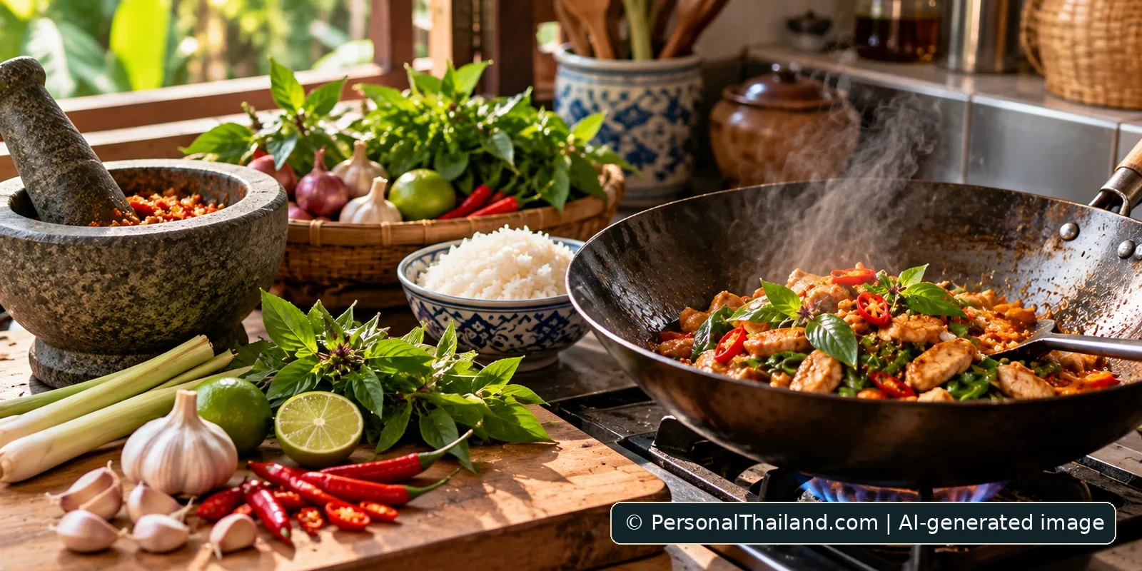 Thai Cooking at Home: Ingredients, Recipes and Food Safety (illustration) Illustrative concept for Thai Cooking at Home: Ingredients, Recipes and Food Safety; AI-generated image
