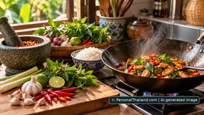 Illustrative concept for Thai Cooking at Home: Ingredients, Recipes and Food Safety; AI-generated image