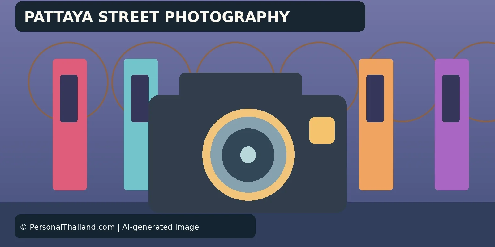 Filming on Pattaya Walking Street: Photography, Consent and Permits (illustration) AI-created illustration of a camera in front of colourful neon-style signs, under the heading 'Pattaya Street Photography'