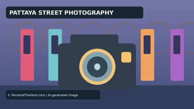 AI-created illustration of a camera in front of colourful neon-style signs, under the heading 'Pattaya Street Photography'