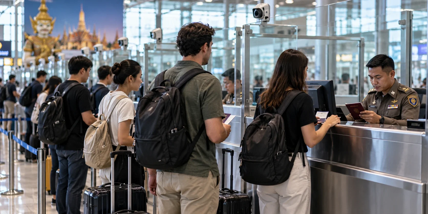 Travellers at a Thai airport immigration counter, AI-generated illustration
