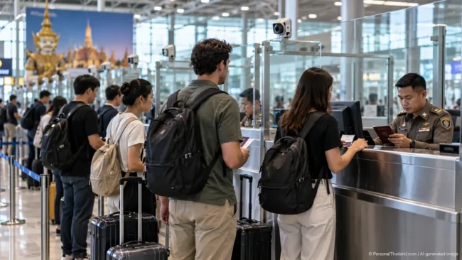 Travellers at a Thai airport immigration counter, AI-generated illustration