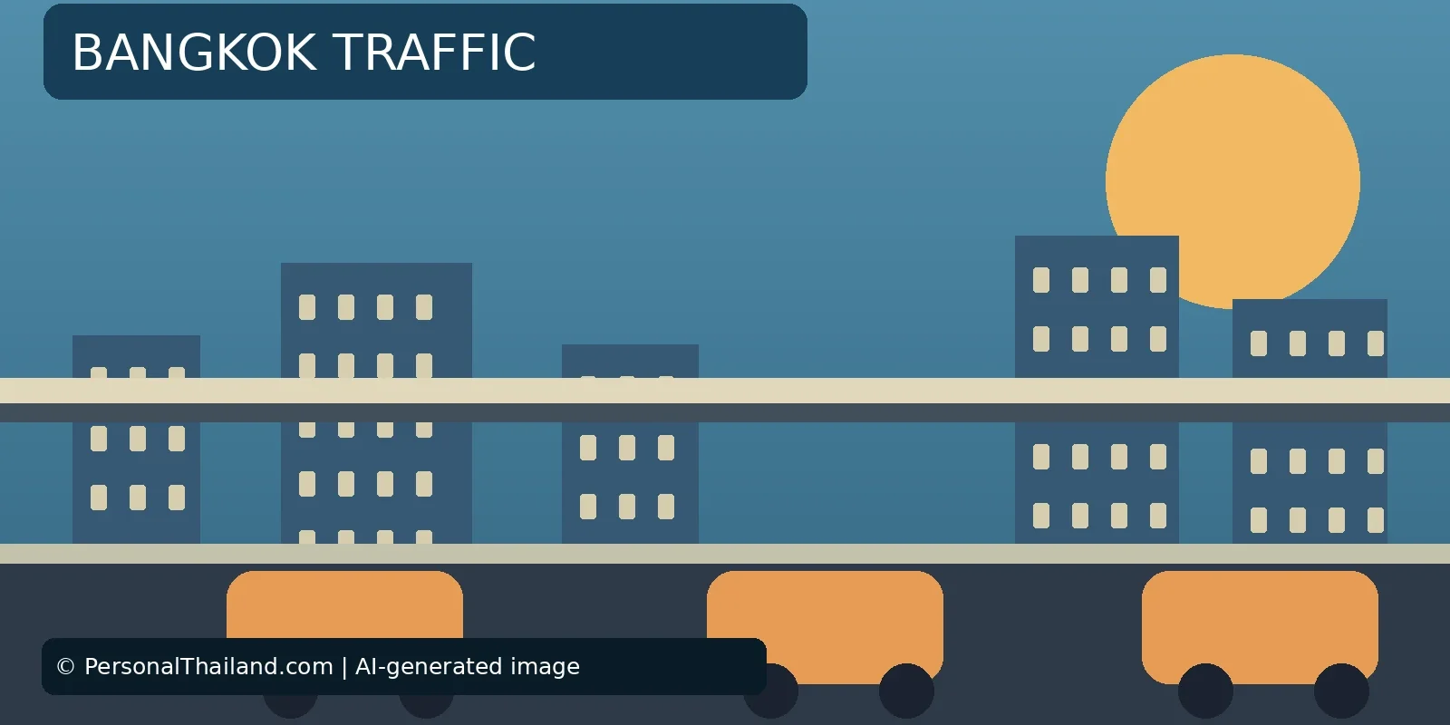 AI-created illustration of cars on a road beneath an elevated rail line with city buildings behind, under the heading 'Bangkok Traffic'