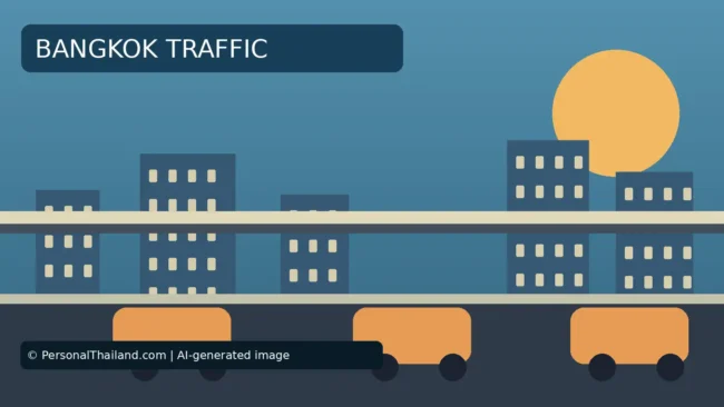 AI-created illustration of cars on a road beneath an elevated rail line with city buildings behind, under the heading 'Bangkok Traffic'
