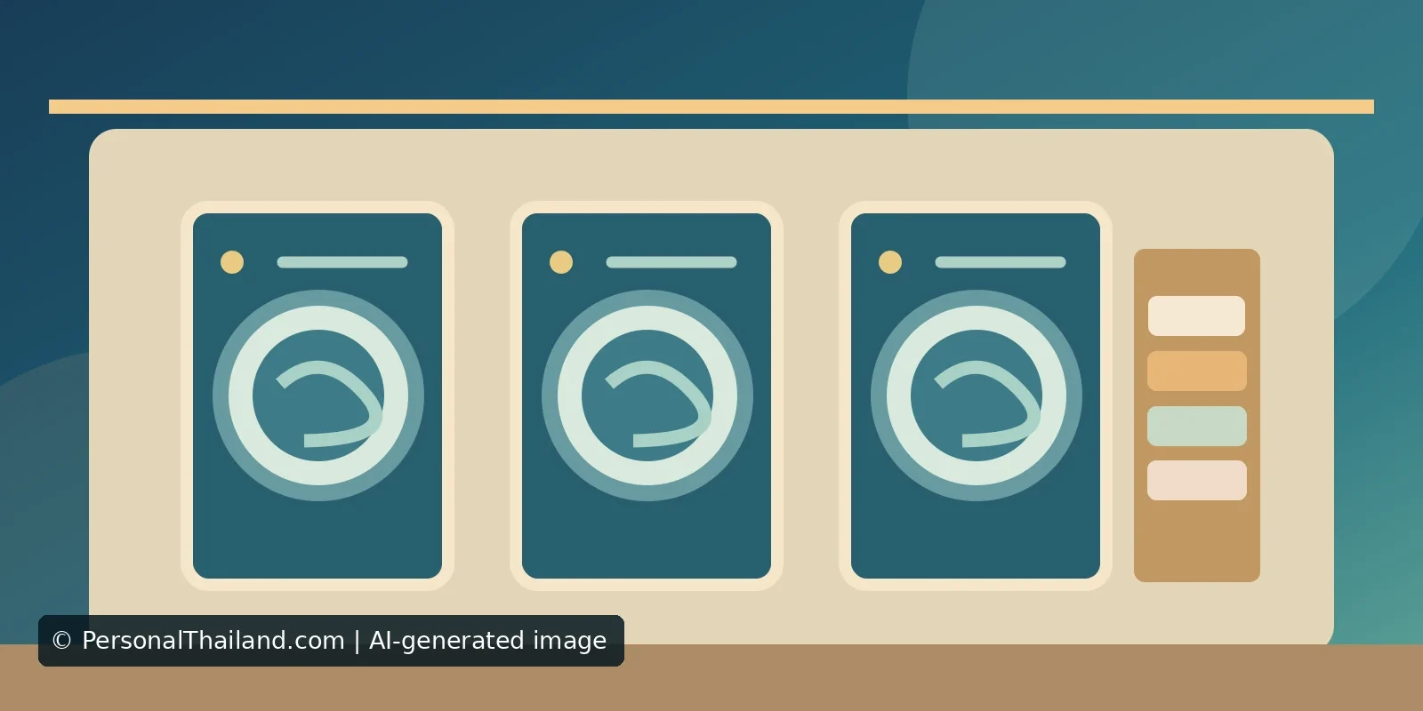 AI-created illustration of three front-loading washing machines beside a shelf of folded towels, a stylised laundry interior rather than a real Pattaya shop