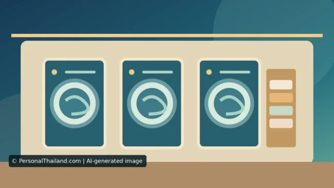 Opening a Laundry Business in Pattaya: What to Check First (illustration) AI-created illustration of three front-loading washing machines beside a shelf of folded towels, a stylised laundry interior rather than a real Pattaya shop
