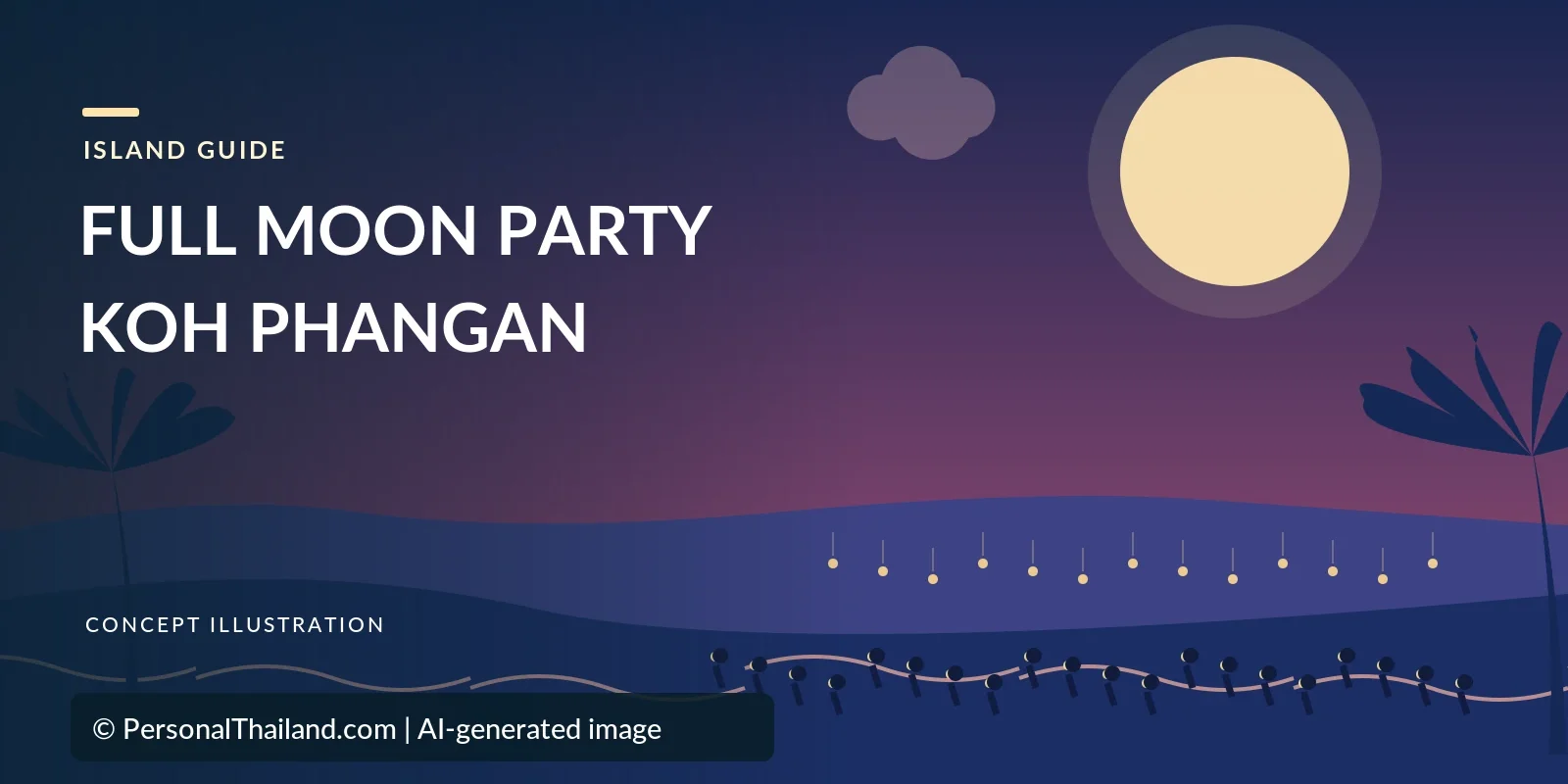AI-created illustration of a full moon over a dark beach lined with small lights and palm trees, with the heading 'Full Moon Party Koh Phangan'